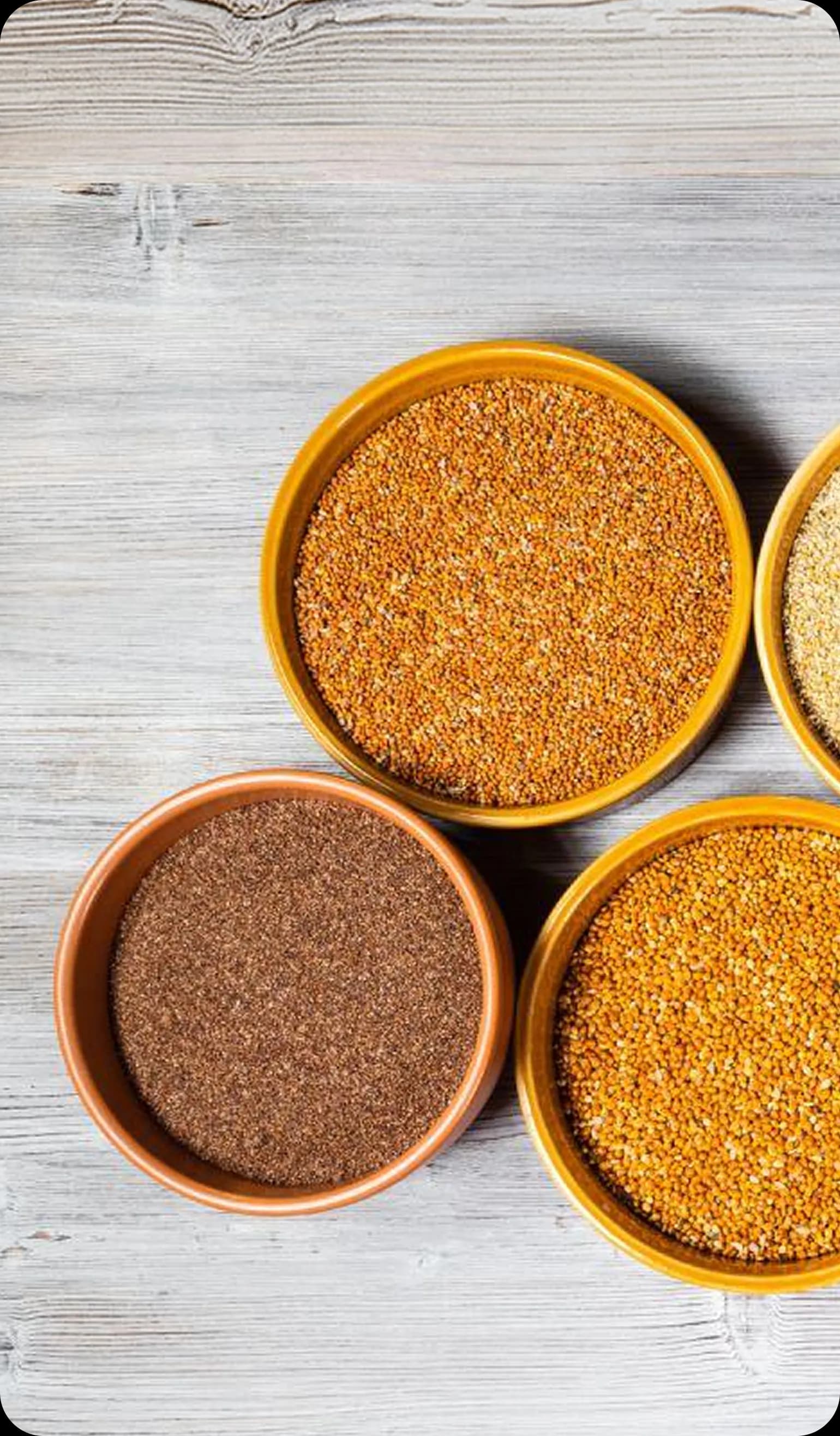 Ceramic bowls filled with millet grains
