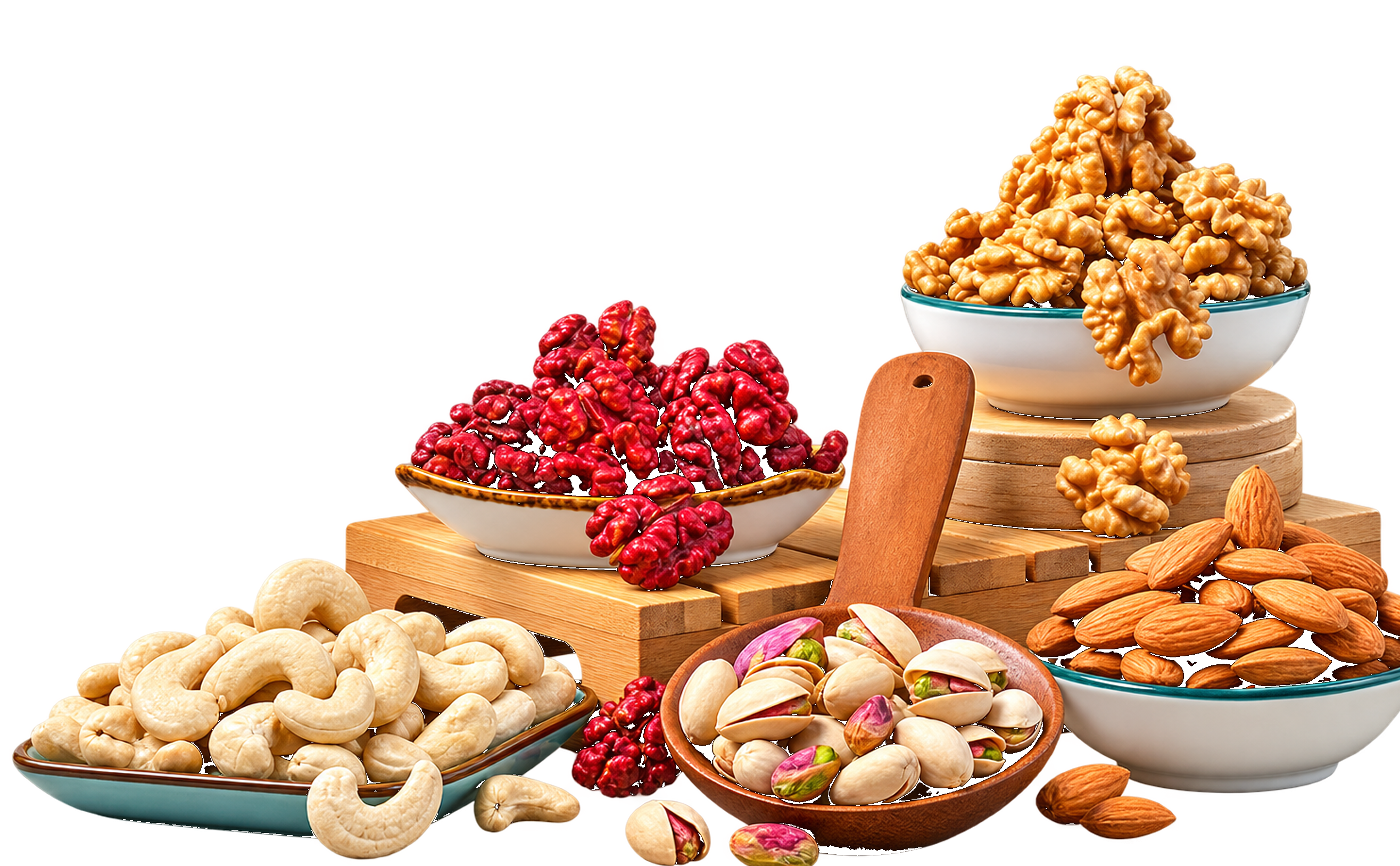 Assortment of cashews, pistachios, almonds, and walnuts