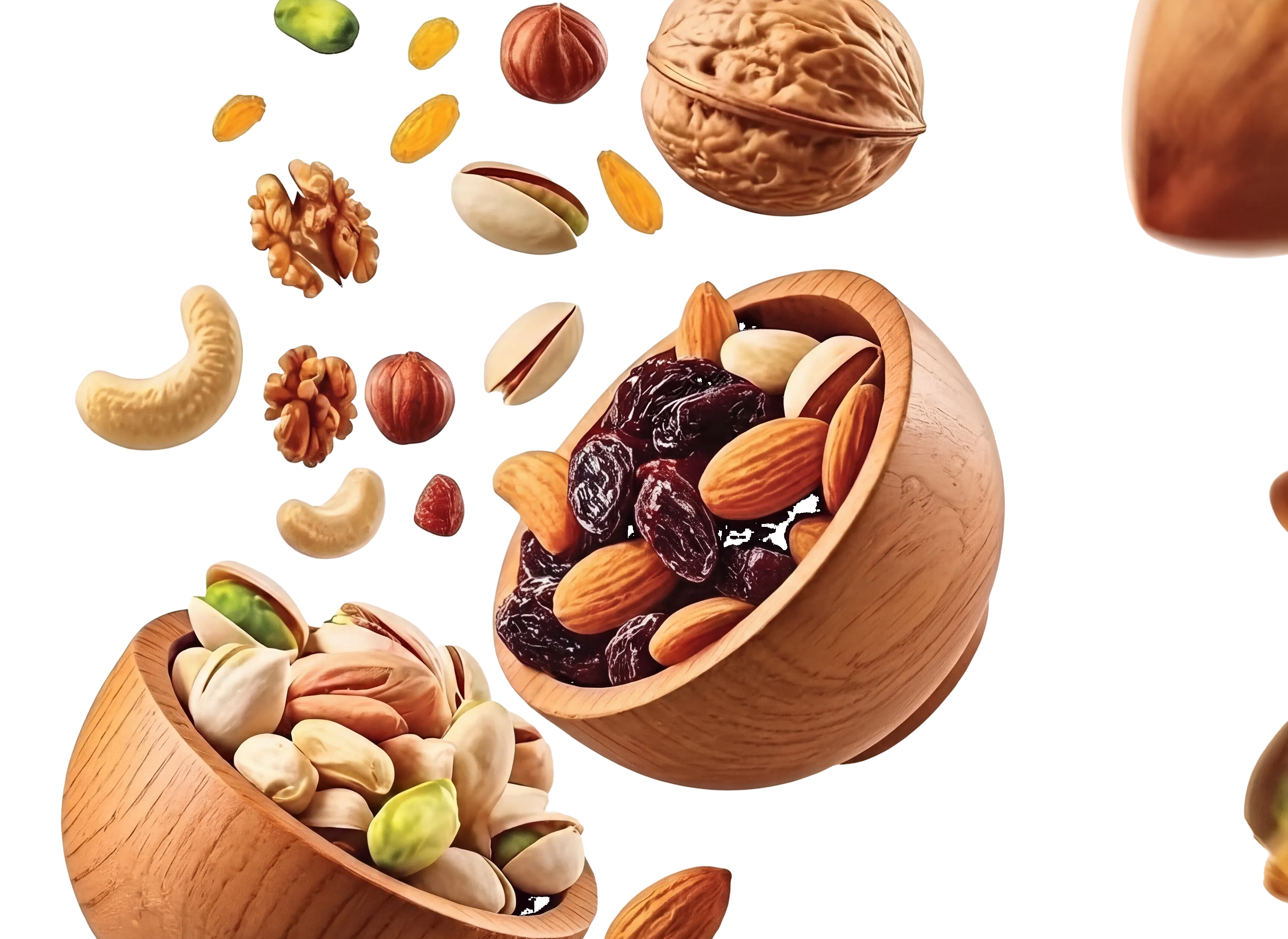 Wooden bowls of pistachios, almonds, and raisins with nuts in motion