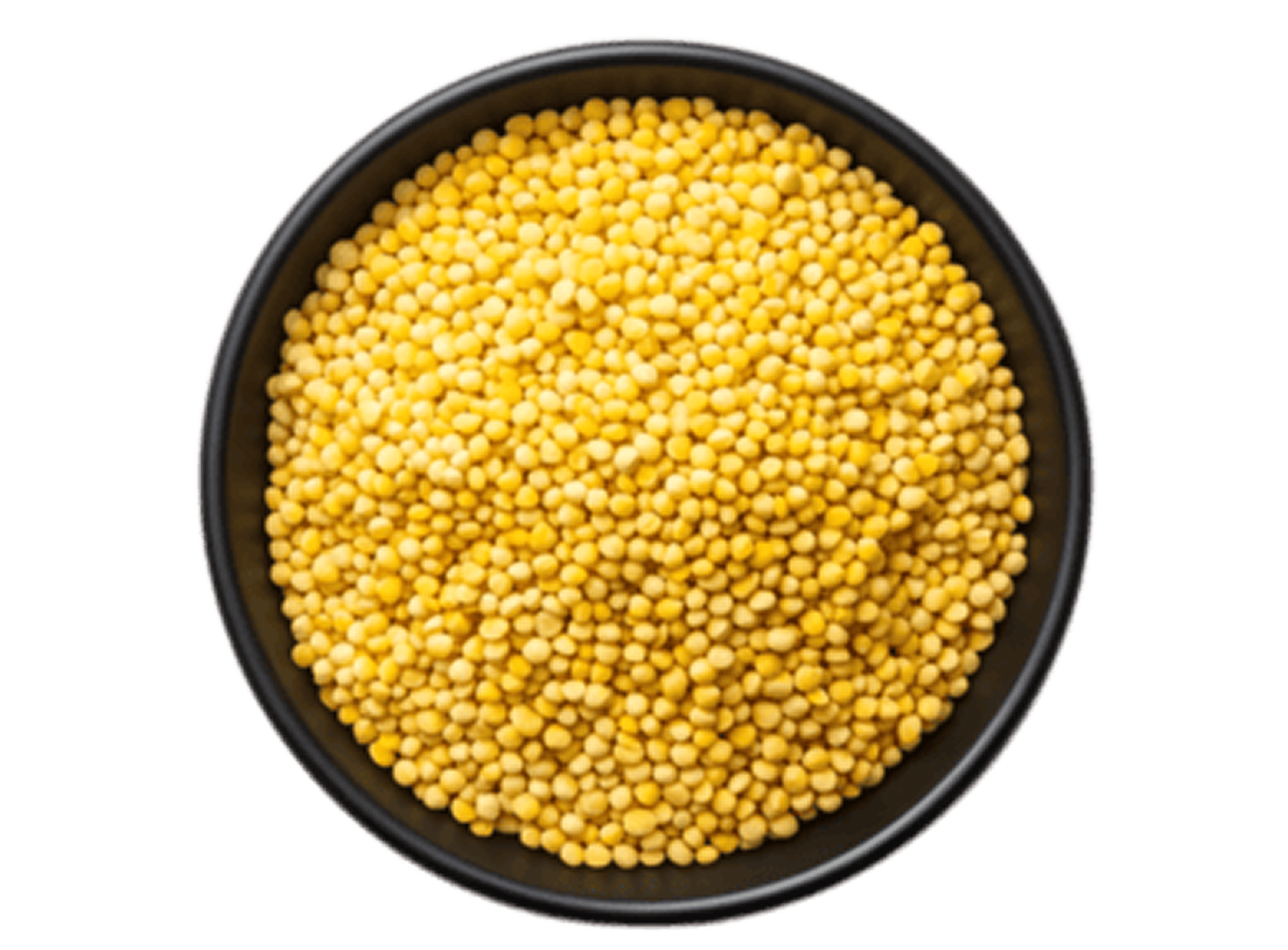 Black ceramic bowl filled with golden millet grains