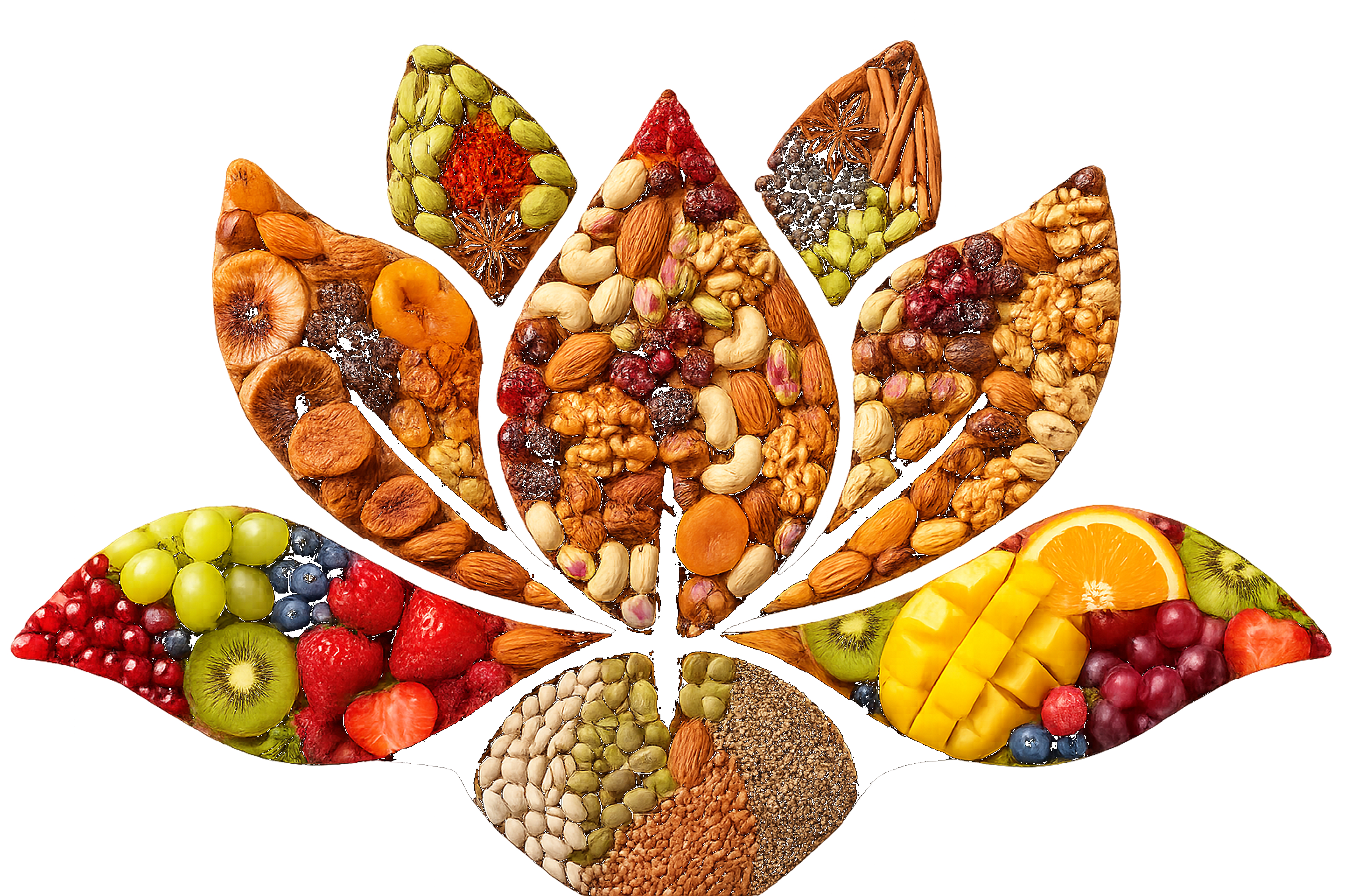 Lotus mosaic of nuts, spices, dried fruits, and seeds
