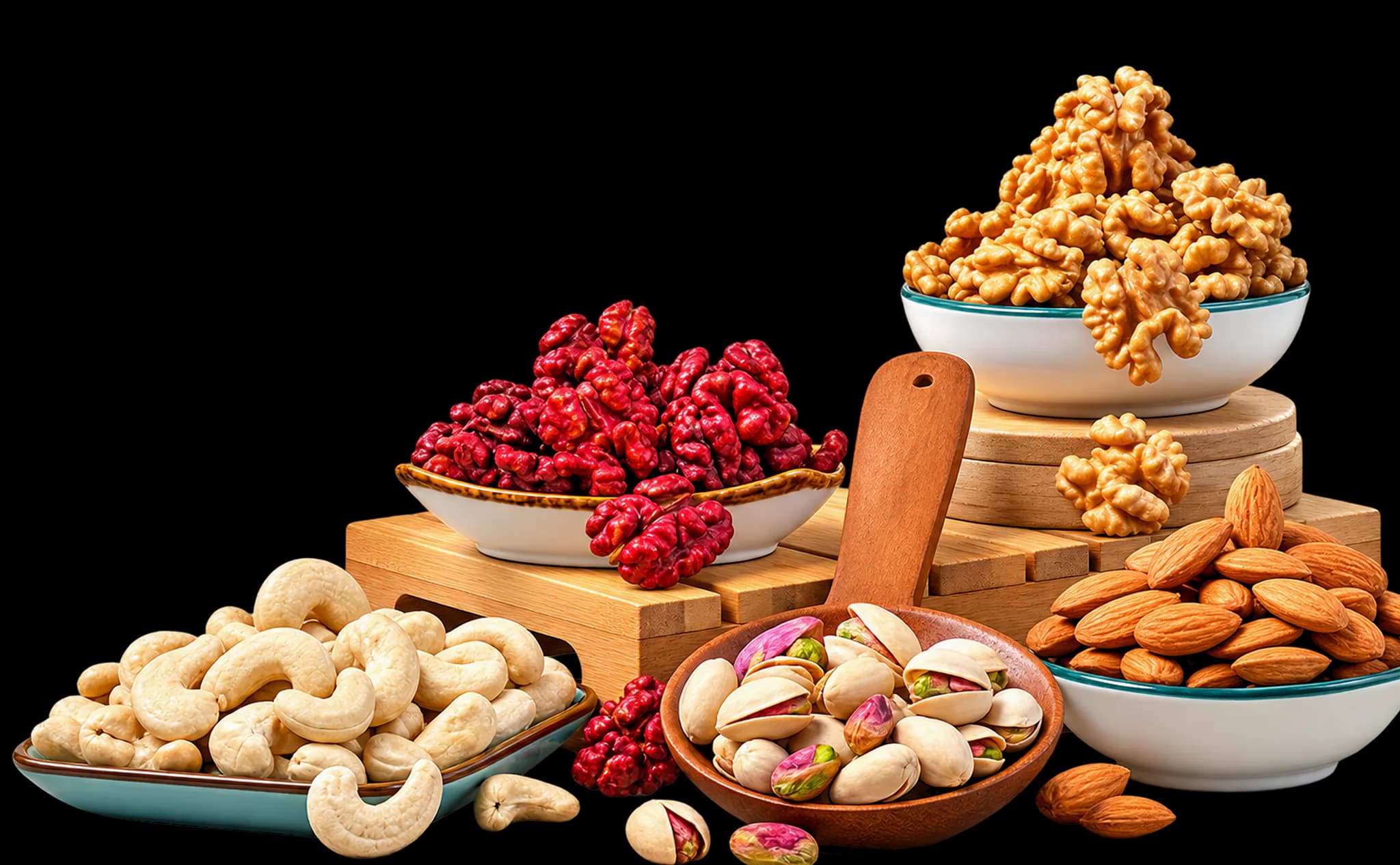 Assortment of cashews, pistachios, almonds, and walnuts