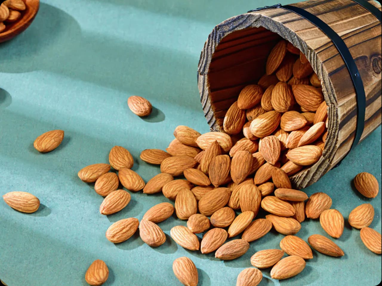 Almonds in a wooden barrel